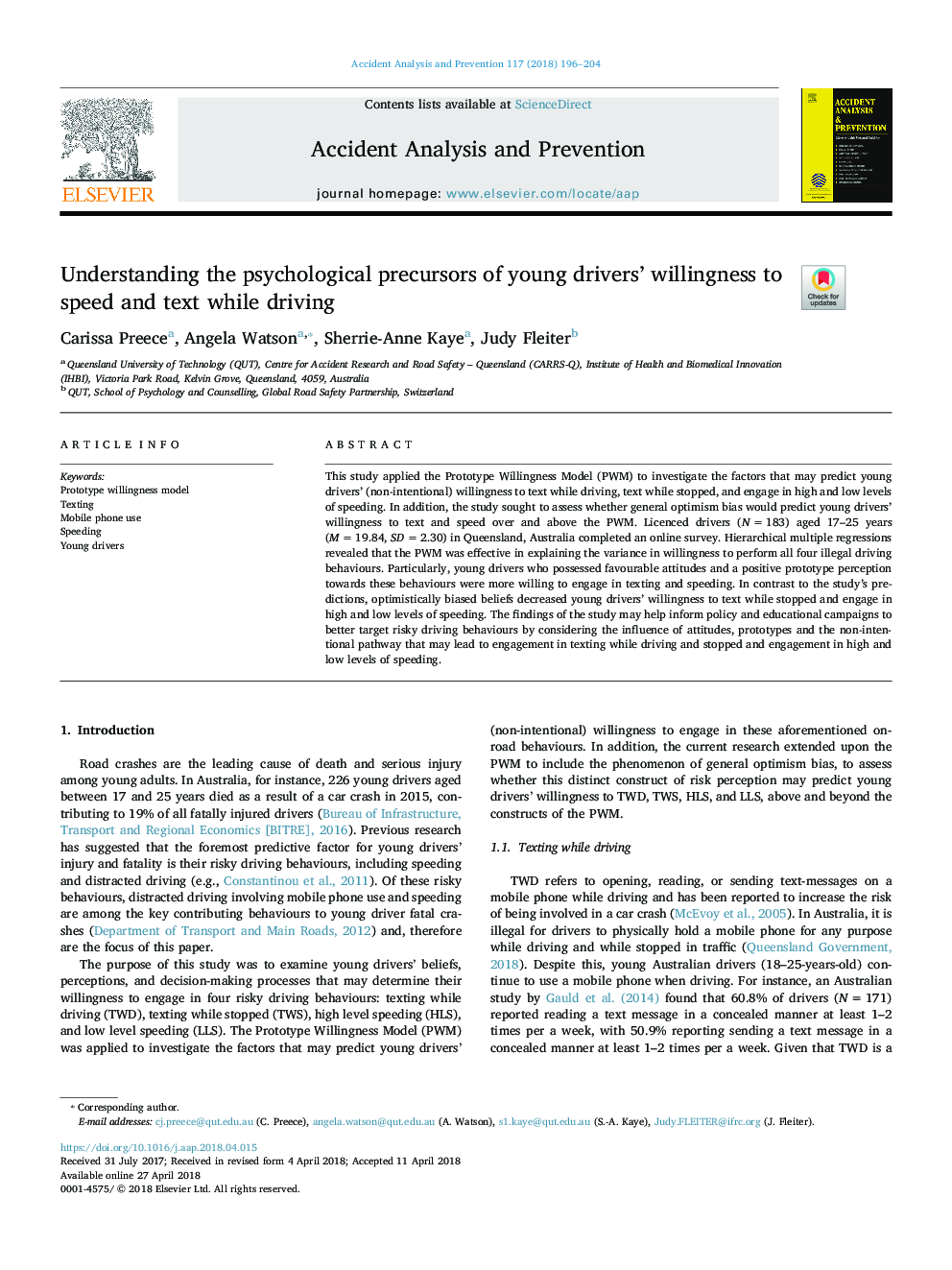 Understanding the psychological precursors of young drivers' willingness to speed and text while driving