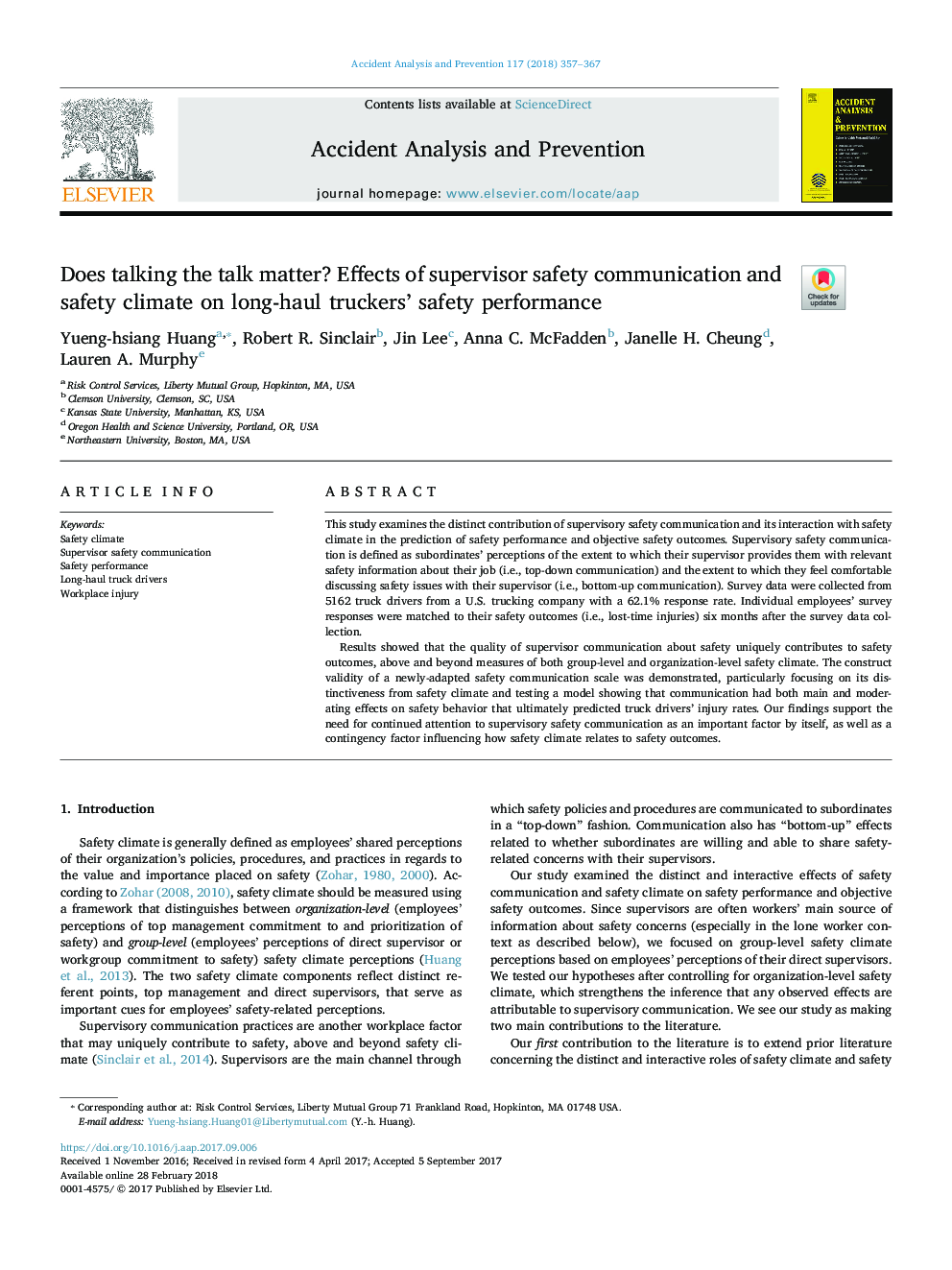 Does talking the talk matter? Effects of supervisor safety communication and safety climate on long-haul truckers' safety performance