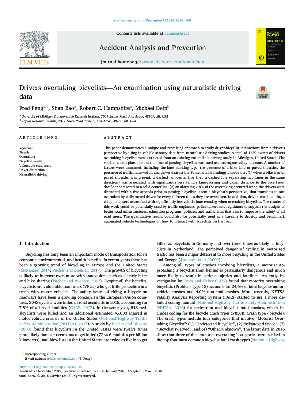 Drivers overtaking bicyclists-An examination using naturalistic driving data