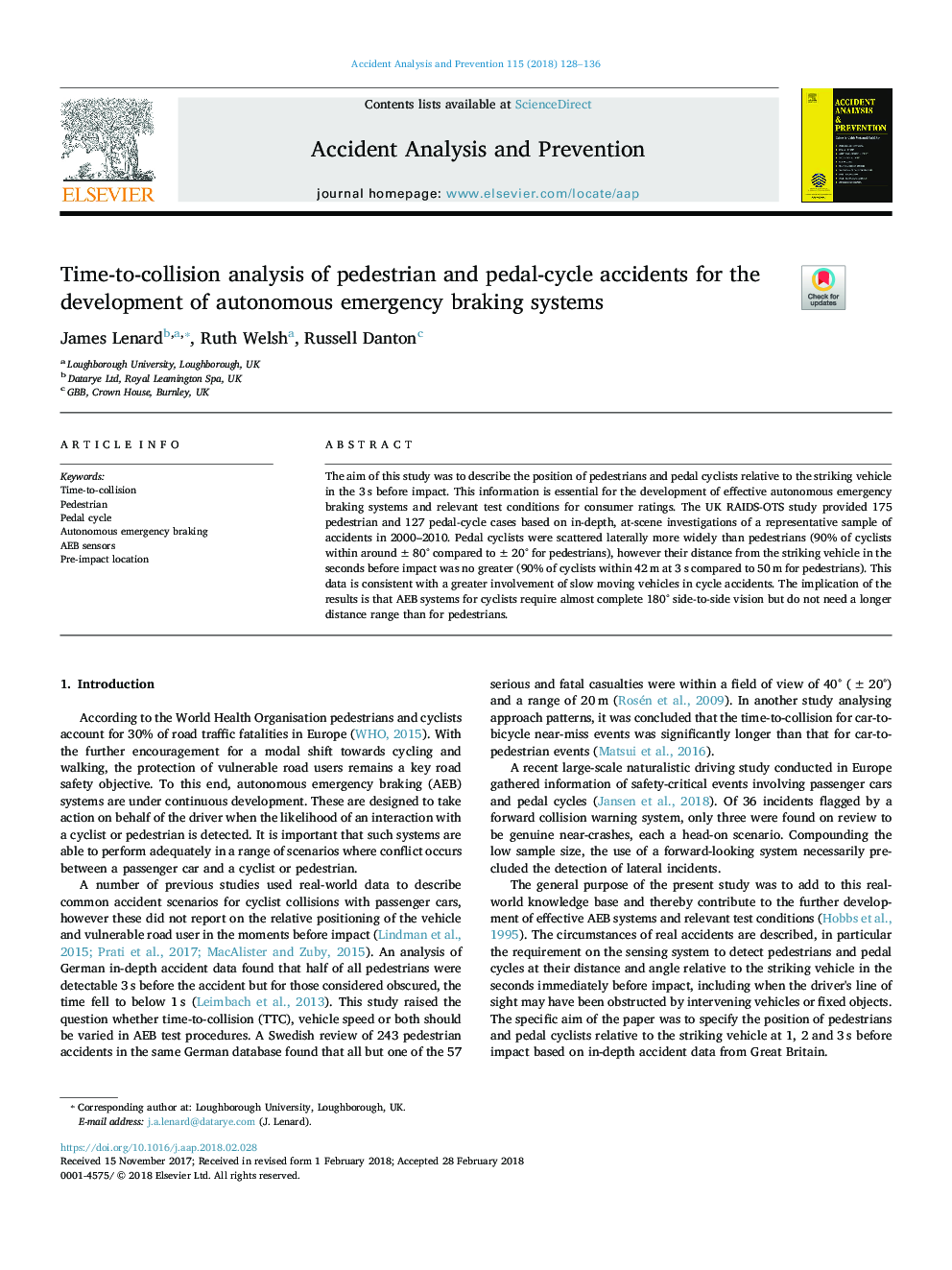 Time-to-collision analysis of pedestrian and pedal-cycle accidents for the development of autonomous emergency braking systems