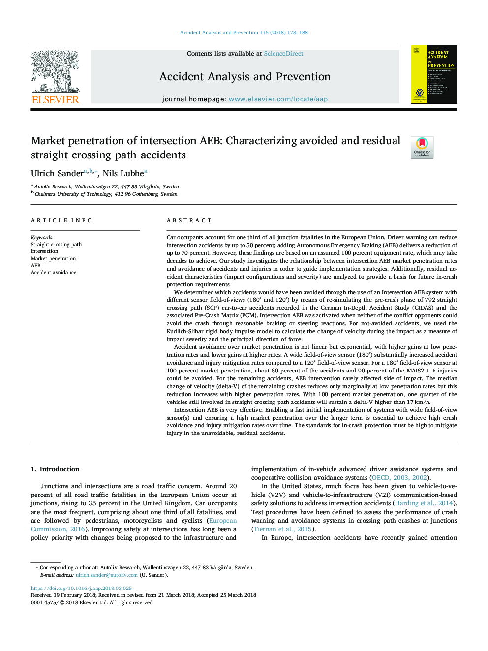 Market penetration of intersection AEB: Characterizing avoided and residual straight crossing path accidents