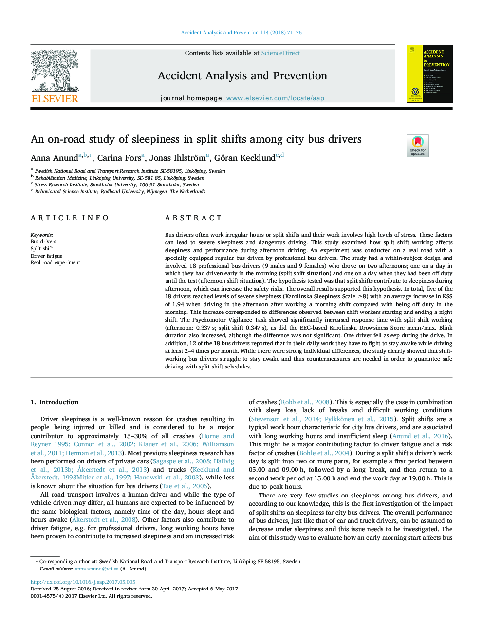 An on-road study of sleepiness in split shifts among city bus drivers