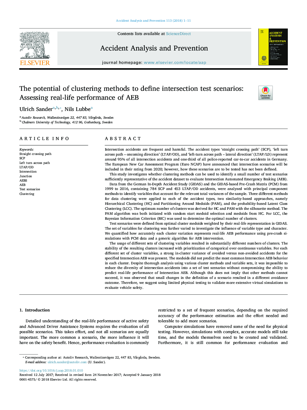 The potential of clustering methods to define intersection test scenarios: Assessing real-life performance of AEB