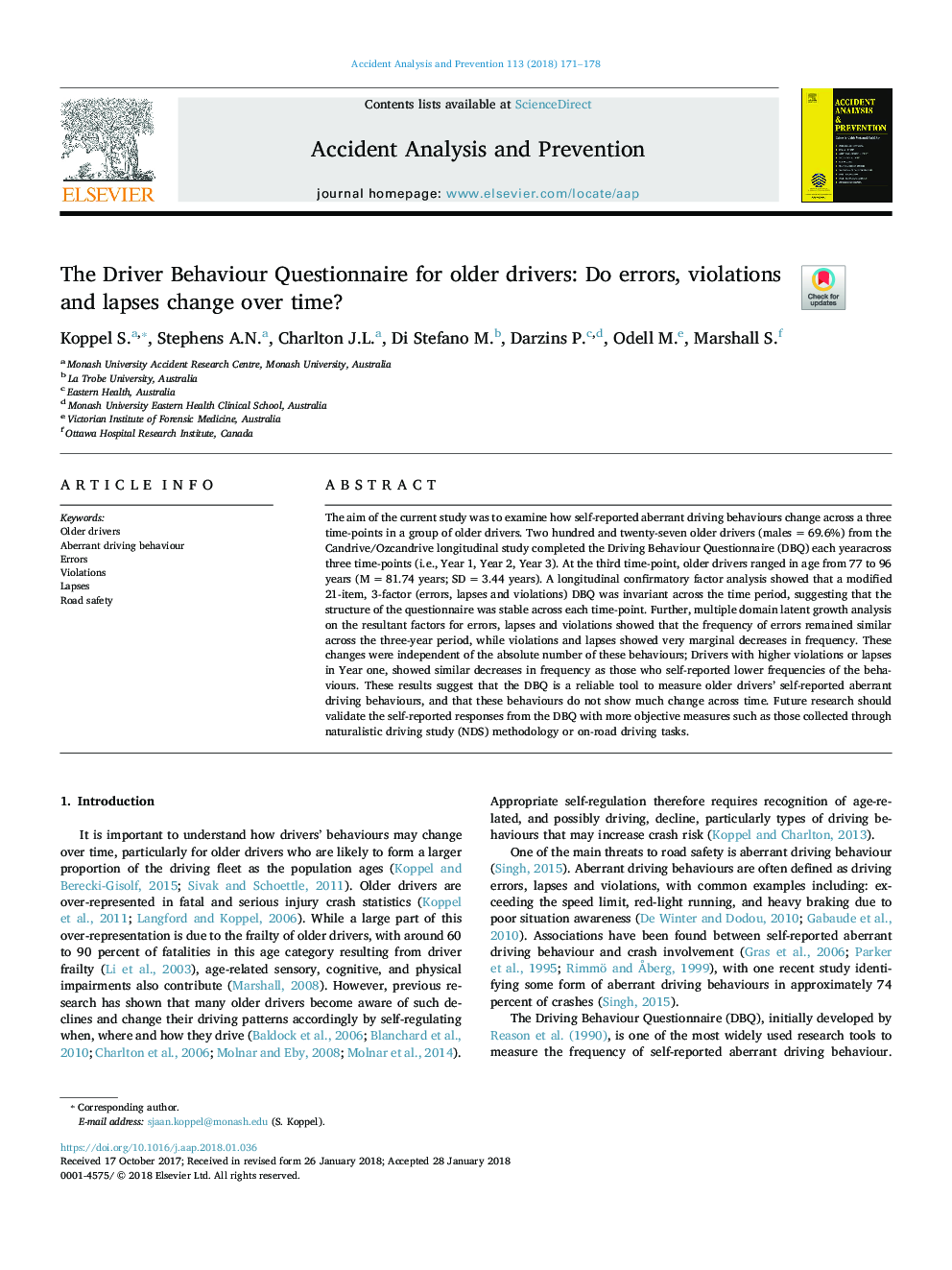 The Driver Behaviour Questionnaire for older drivers: Do errors, violations and lapses change over time?