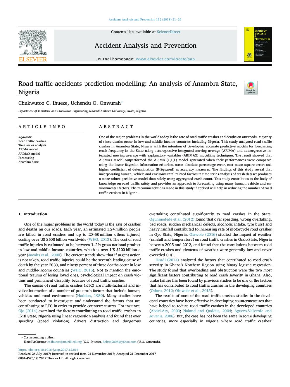 Road traffic accidents prediction modelling: An analysis of Anambra State, Nigeria