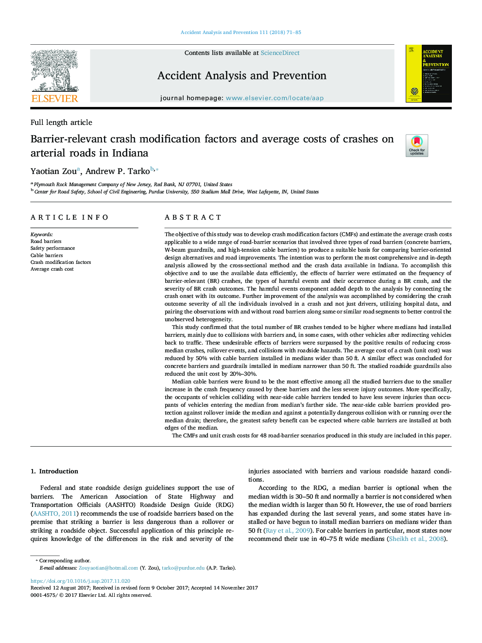 Barrier-relevant crash modification factors and average costs of crashes on arterial roads in Indiana