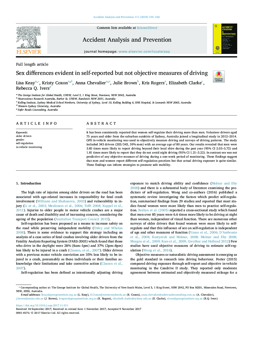 Sex differences evident in self-reported but not objective measures of driving