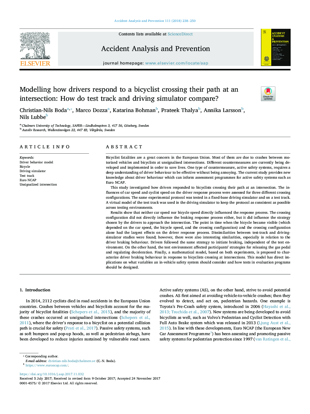 Modelling how drivers respond to a bicyclist crossing their path at an intersection: How do test track and driving simulator compare?