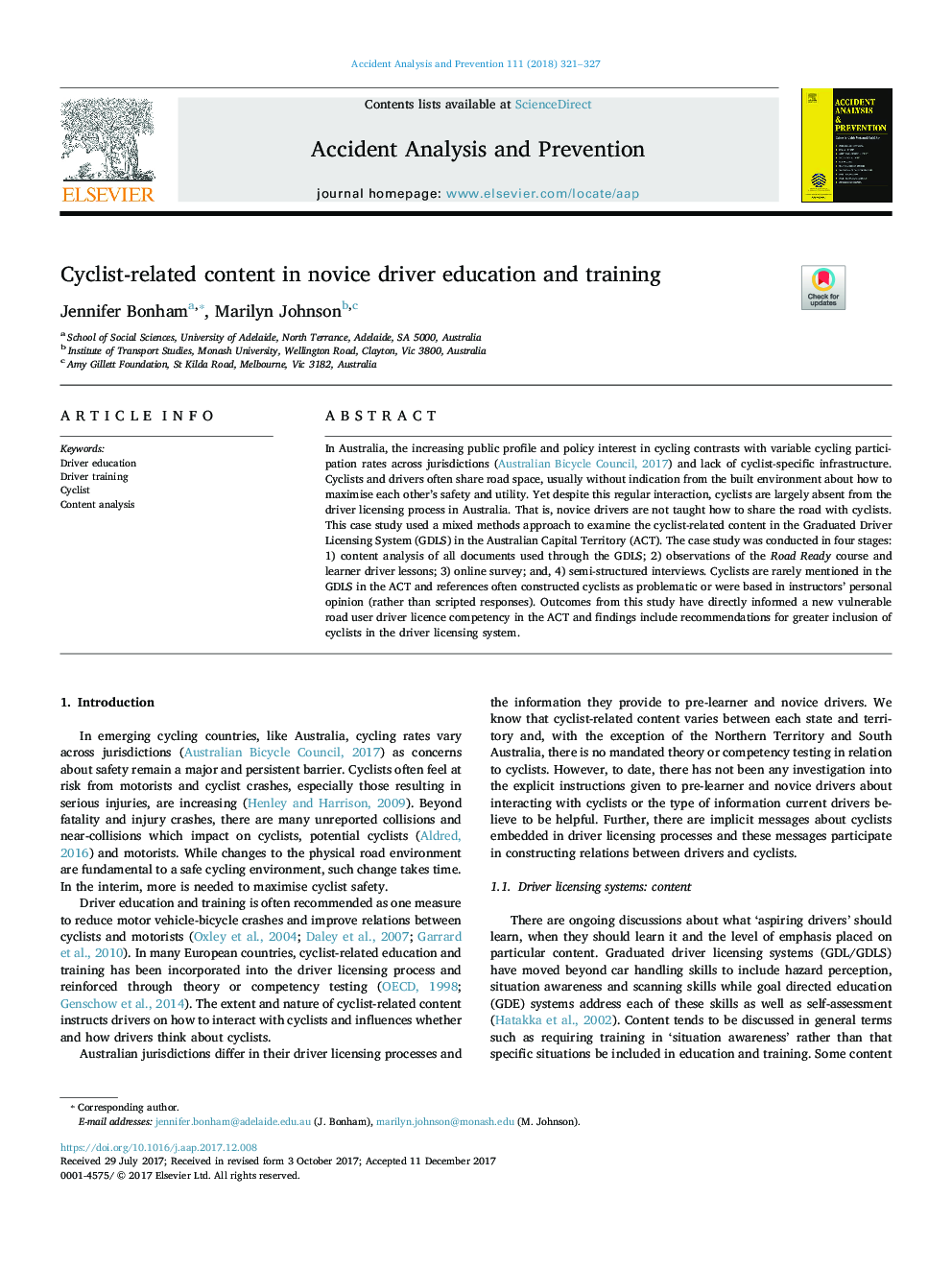 Cyclist-related content in novice driver education and training