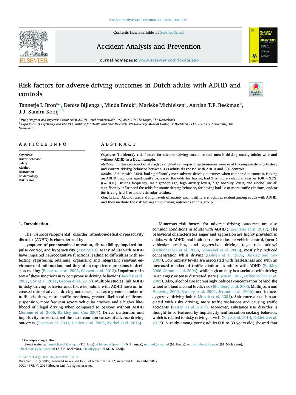 Risk factors for adverse driving outcomes in Dutch adults with ADHD and controls