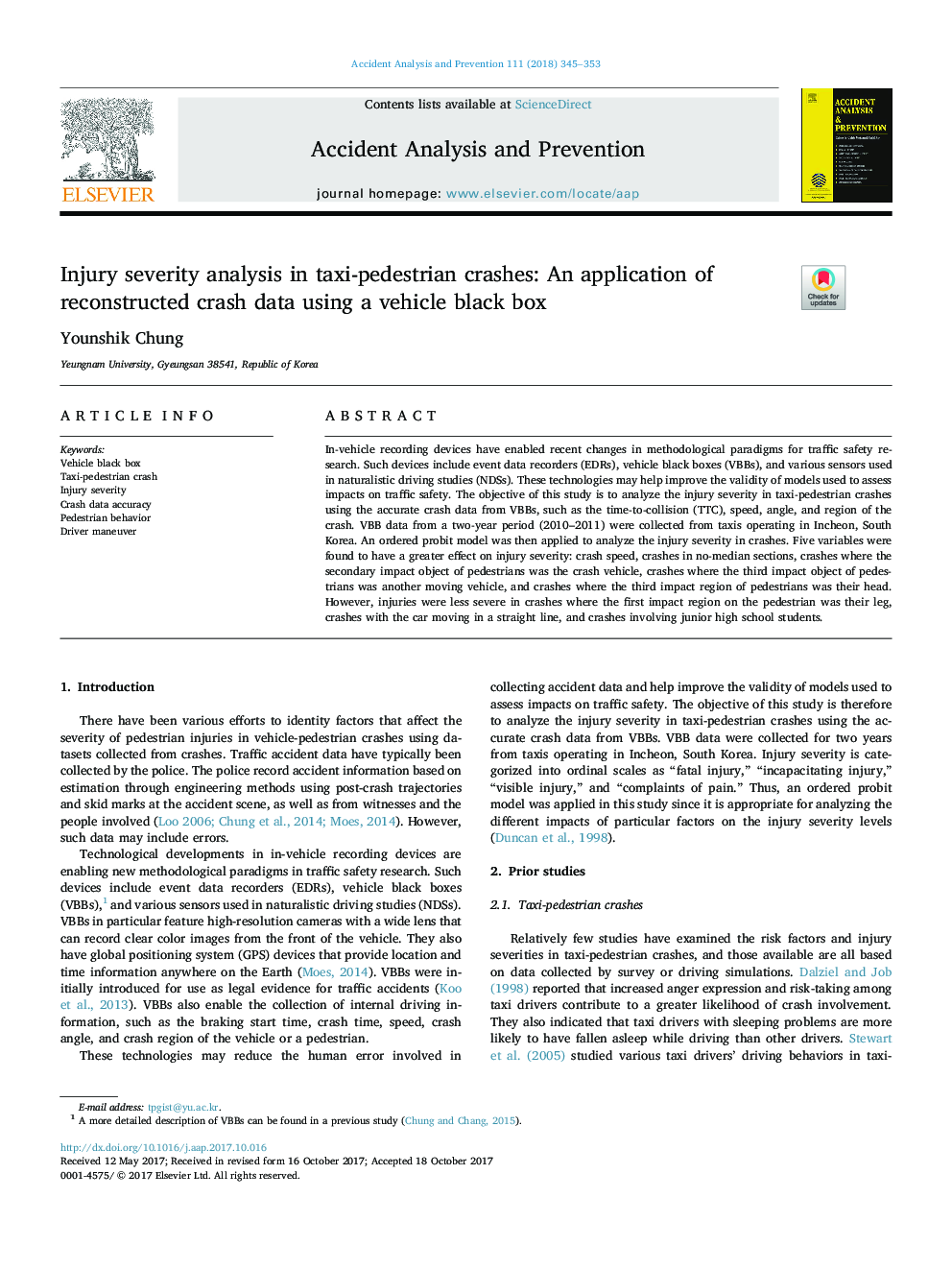 Injury severity analysis in taxi-pedestrian crashes: An application of reconstructed crash data using a vehicle black box