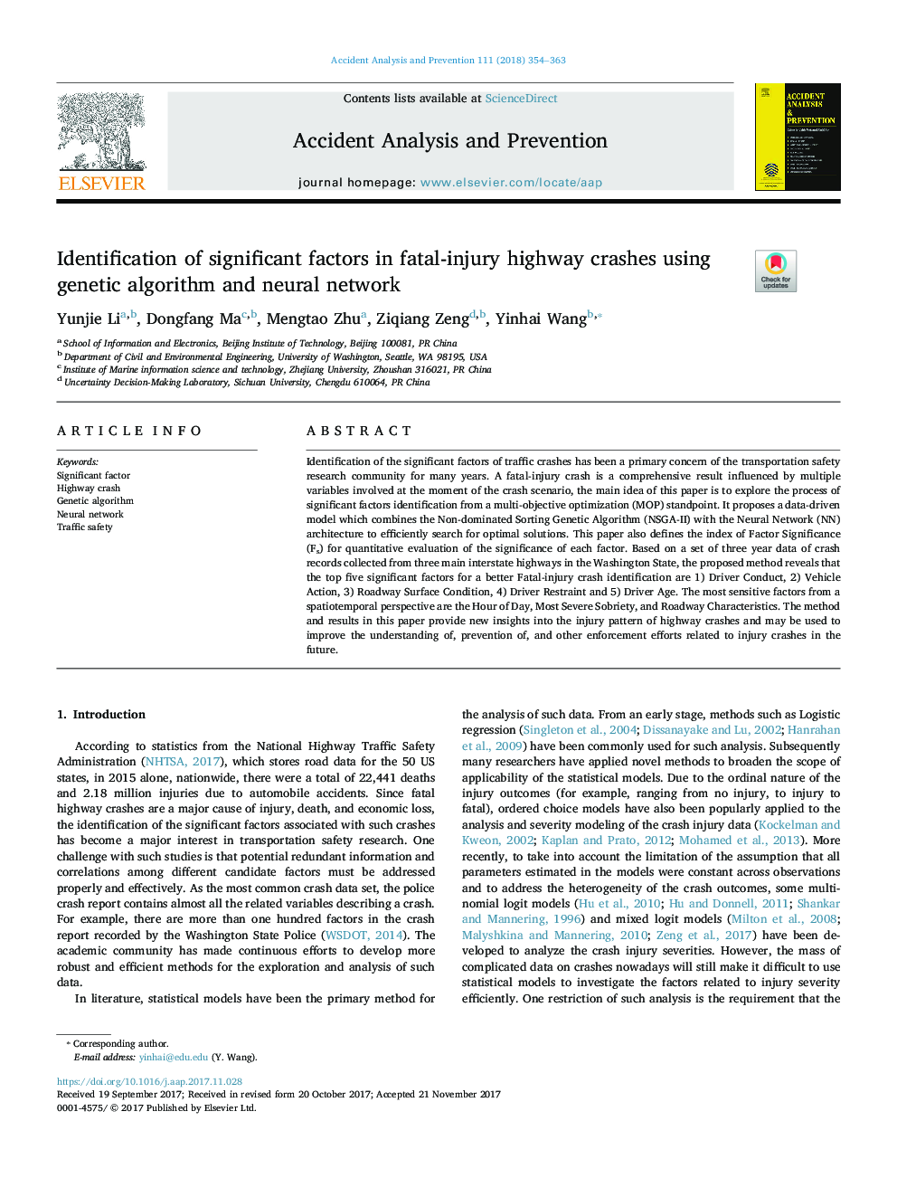 Identification of significant factors in fatal-injury highway crashes using genetic algorithm and neural network