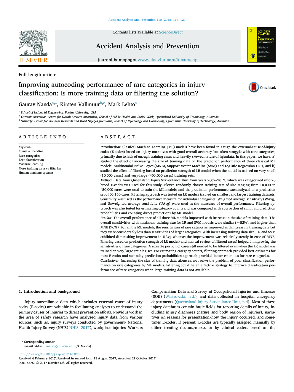 Improving autocoding performance of rare categories in injury classification: Is more training data or filtering the solution?