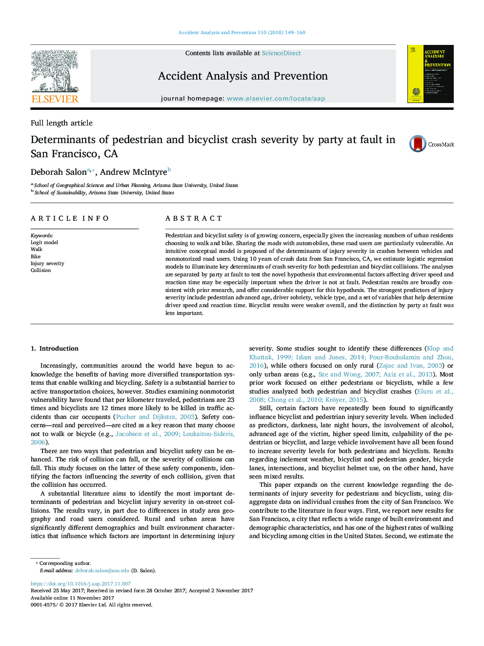 Determinants of pedestrian and bicyclist crash severity by party at fault in San Francisco, CA