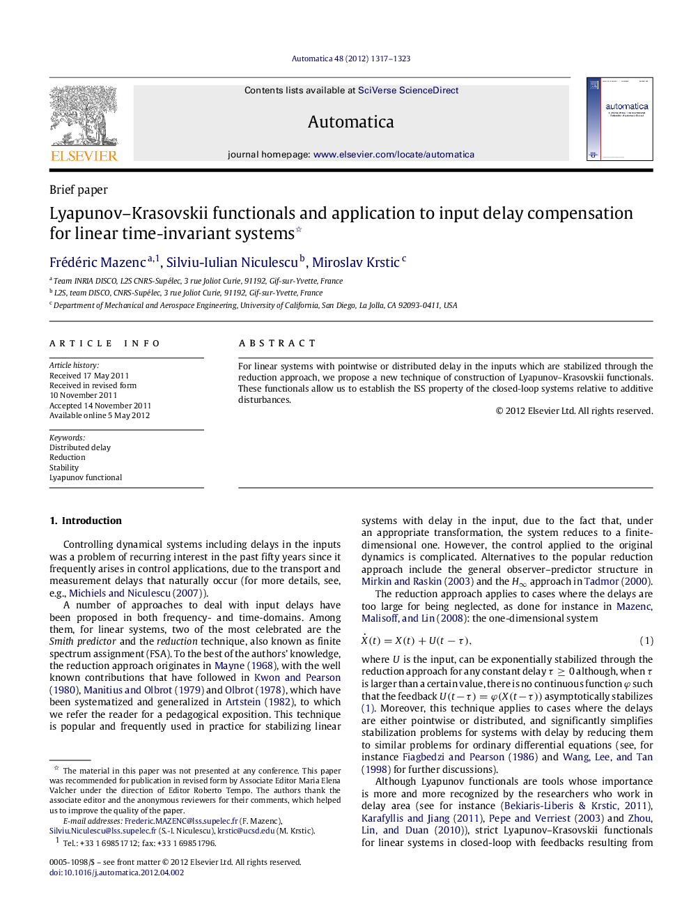 Lyapunov–Krasovskii functionals and application to input delay compensation for linear time-invariant systems 