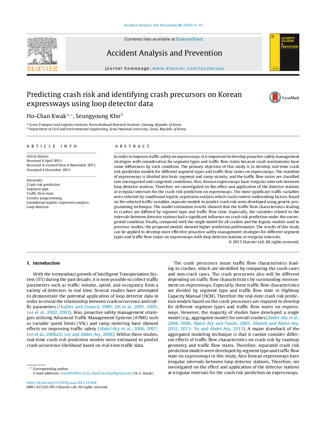 Predicting crash risk and identifying crash precursors on Korean expressways using loop detector data