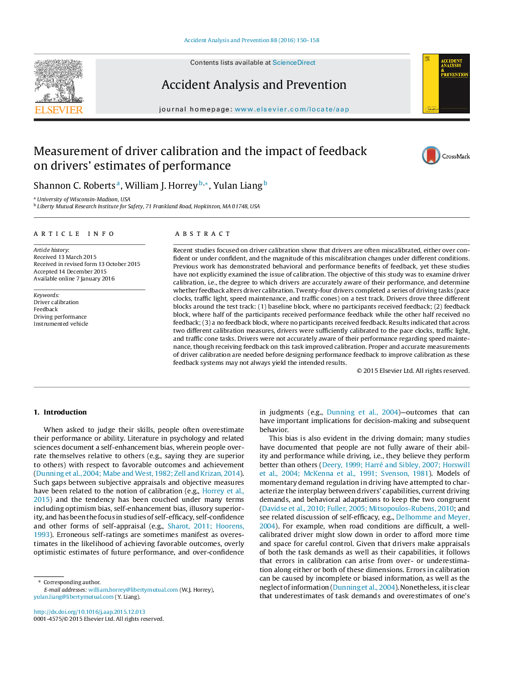 Measurement of driver calibration and the impact of feedback on drivers' estimates of performance