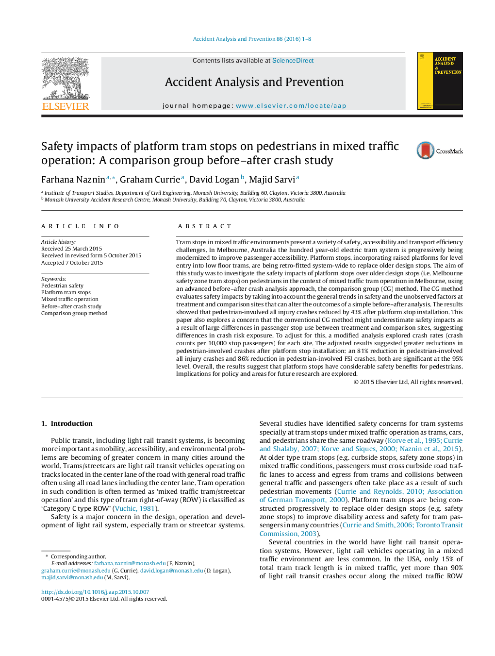 Safety impacts of platform tram stops on pedestrians in mixed traffic operation: A comparison group before-after crash study