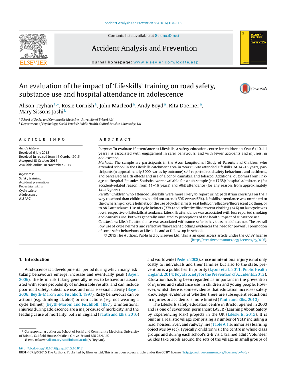 An evaluation of the impact of 'Lifeskills' training on road safety, substance use and hospital attendance in adolescence