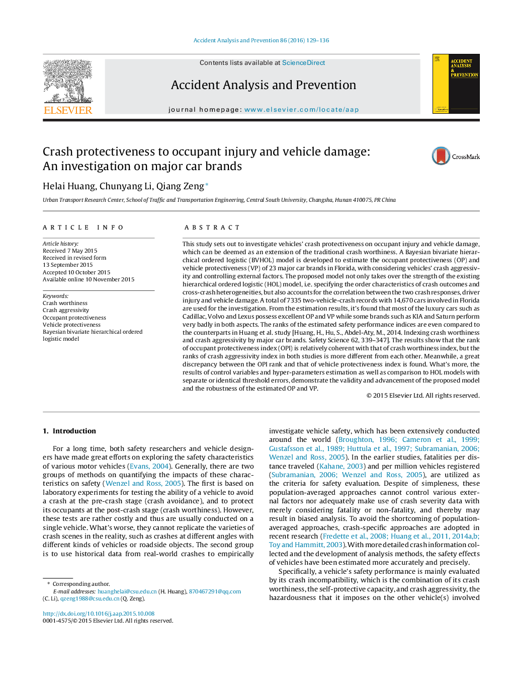 Crash protectiveness to occupant injury and vehicle damage: An investigation on major car brands