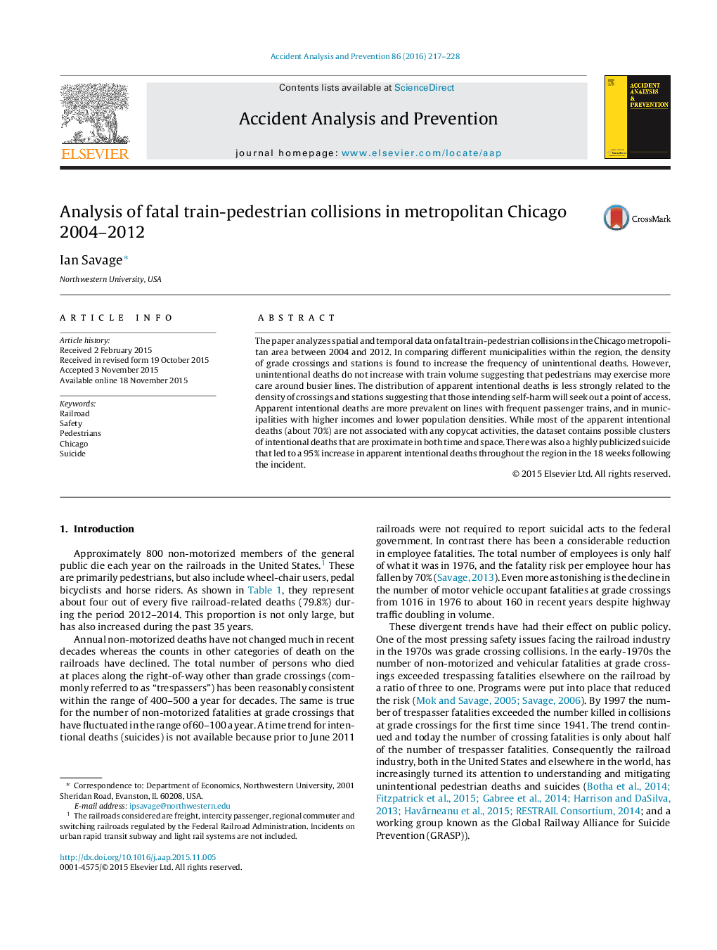 Analysis of fatal train-pedestrian collisions in metropolitan Chicago 2004-2012