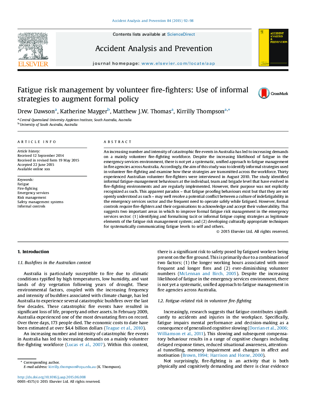 Fatigue risk management by volunteer fire-fighters: Use of informal strategies to augment formal policy