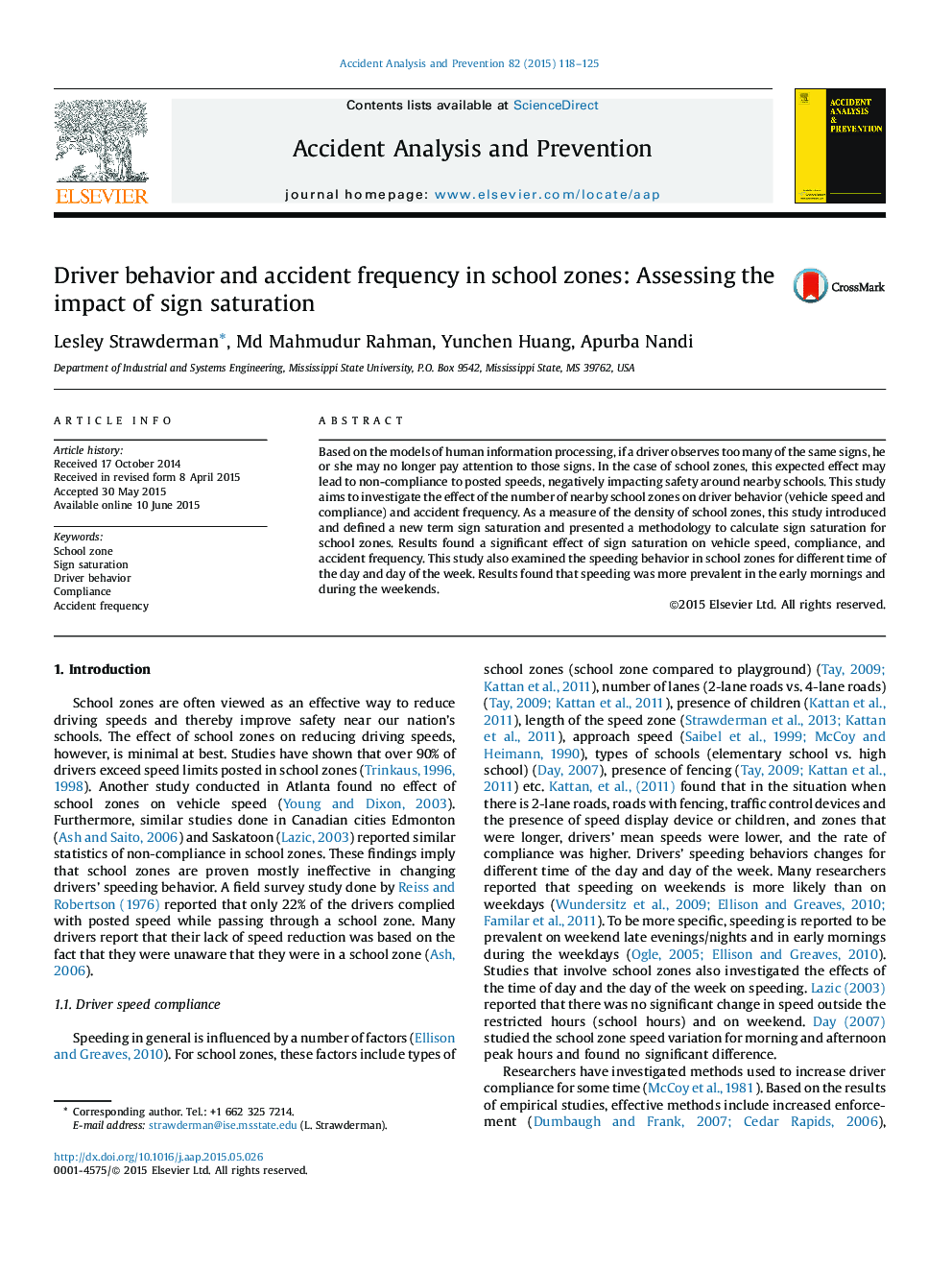 Driver behavior and accident frequency in school zones: Assessing the impact of sign saturation