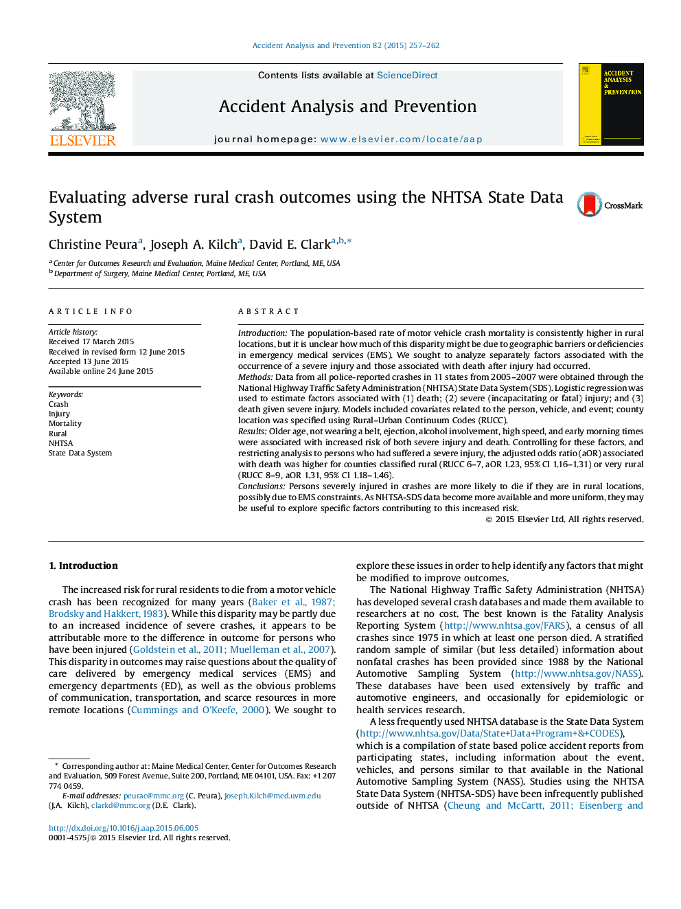 Evaluating adverse rural crash outcomes using the NHTSA State Data System