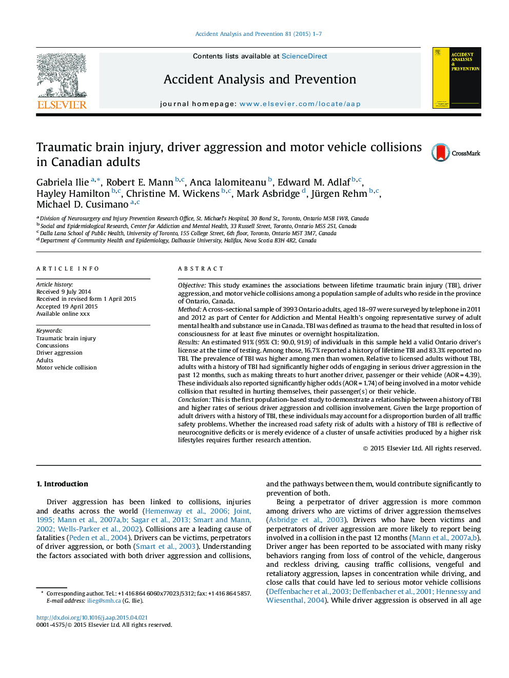 Traumatic brain injury, driver aggression and motor vehicle collisions in Canadian adults