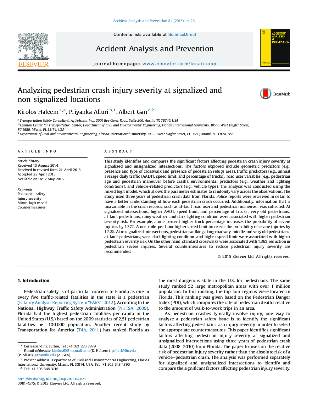 Analyzing pedestrian crash injury severity at signalized and non-signalized locations