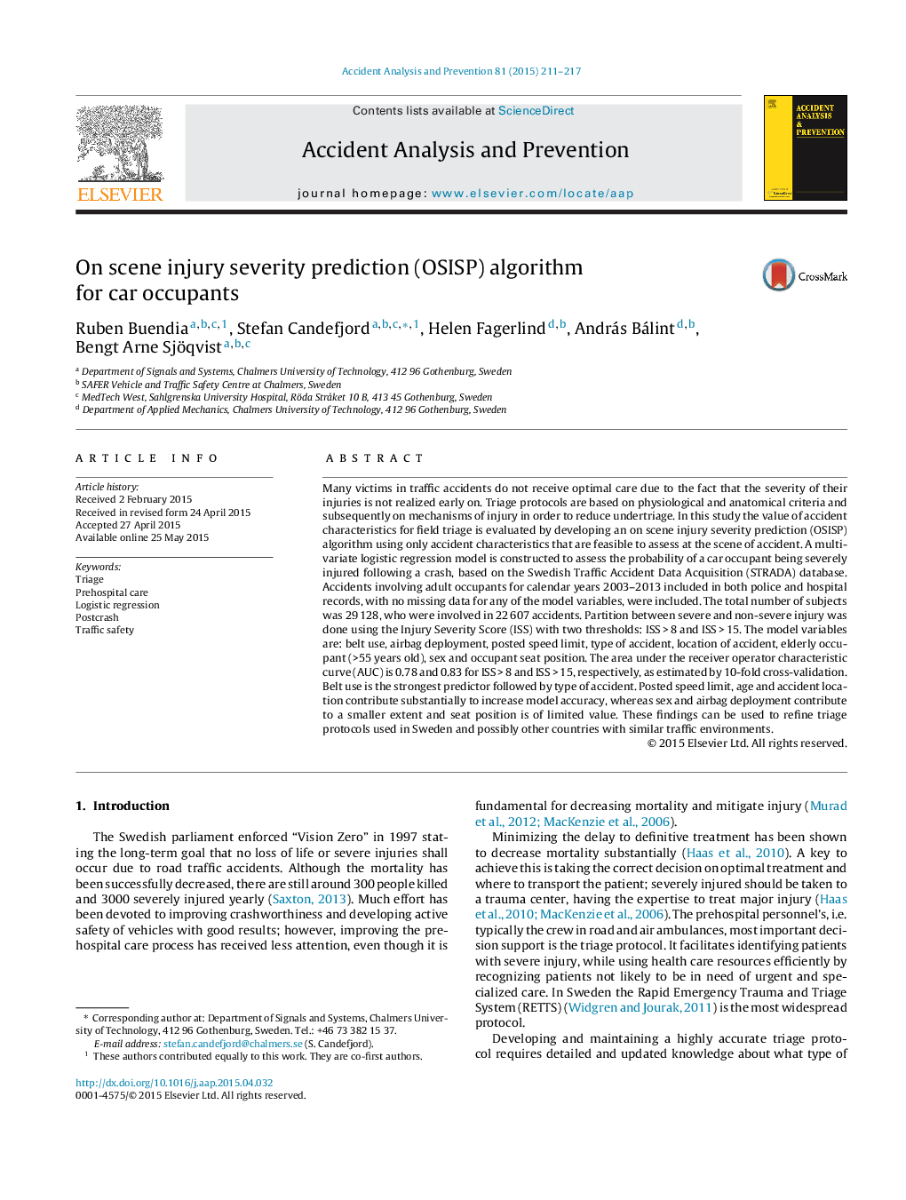 On scene injury severity prediction (OSISP) algorithm for car occupants