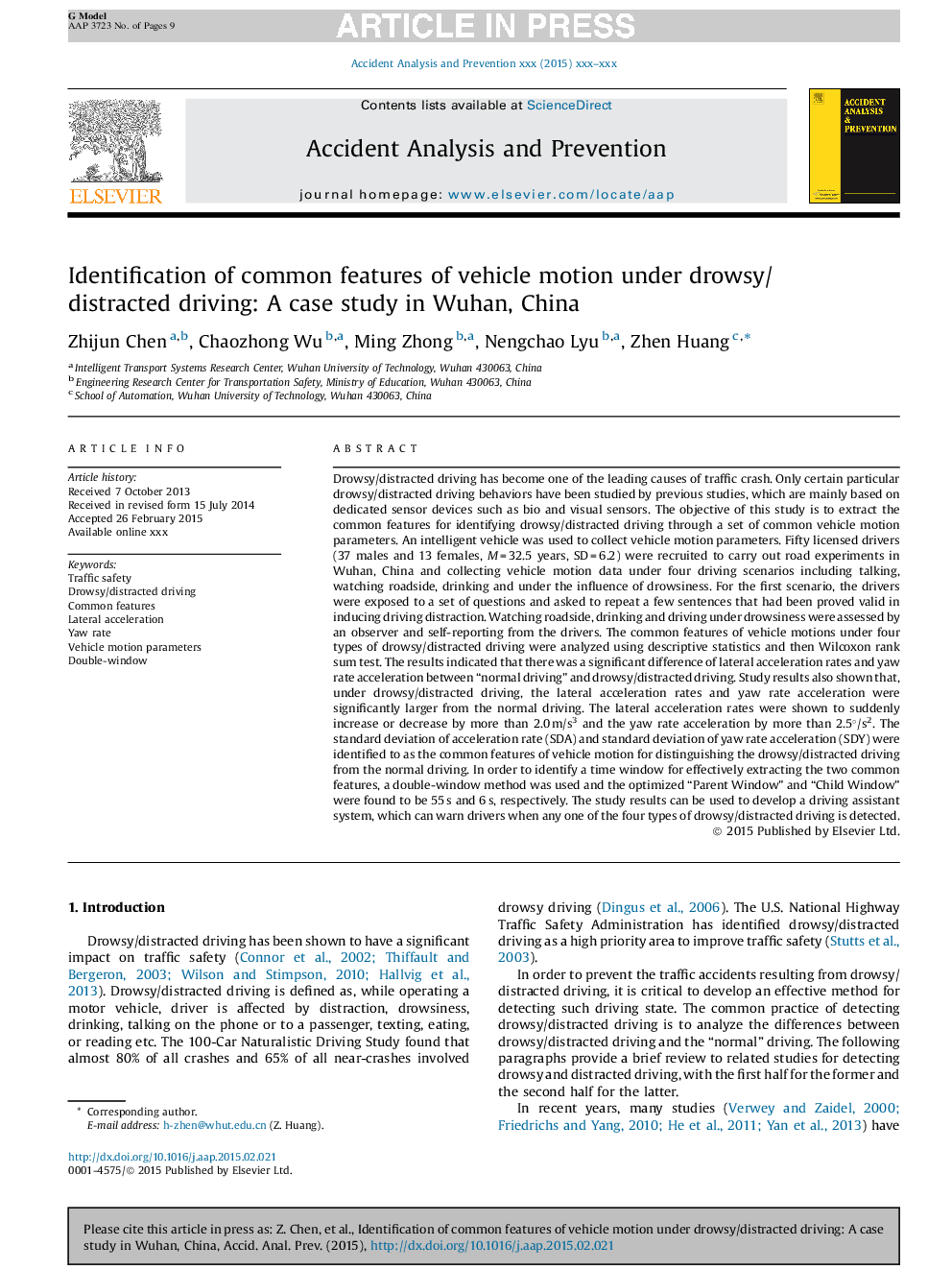 Identification of common features of vehicle motion under drowsy/distracted driving: A case study in Wuhan, China