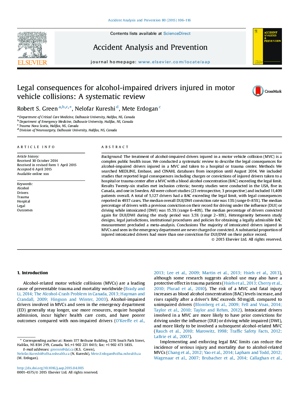 Legal consequences for alcohol-impaired drivers injured in motor vehicle collisions: A systematic review