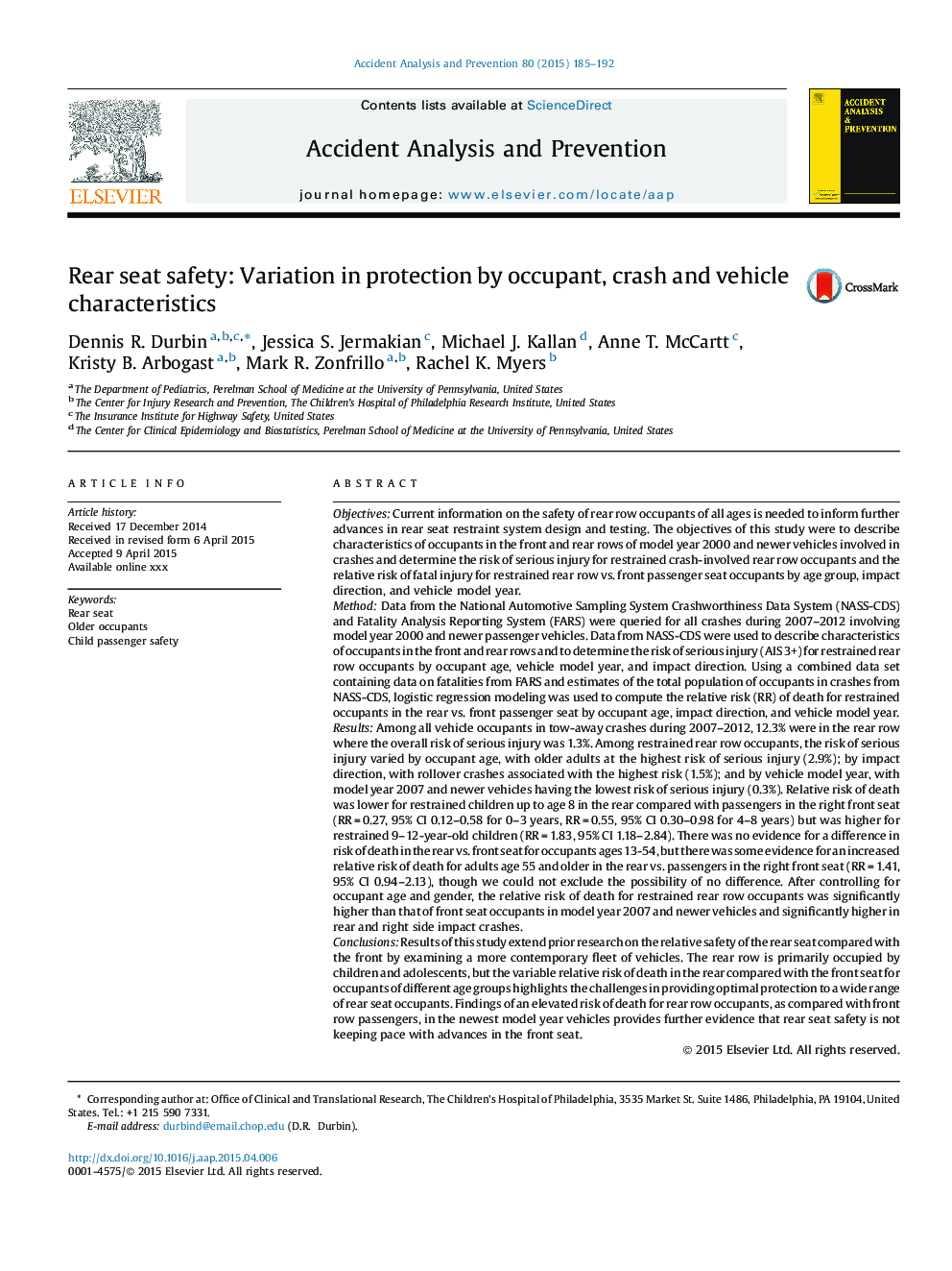 Rear seat safety: Variation in protection by occupant, crash and vehicle characteristics
