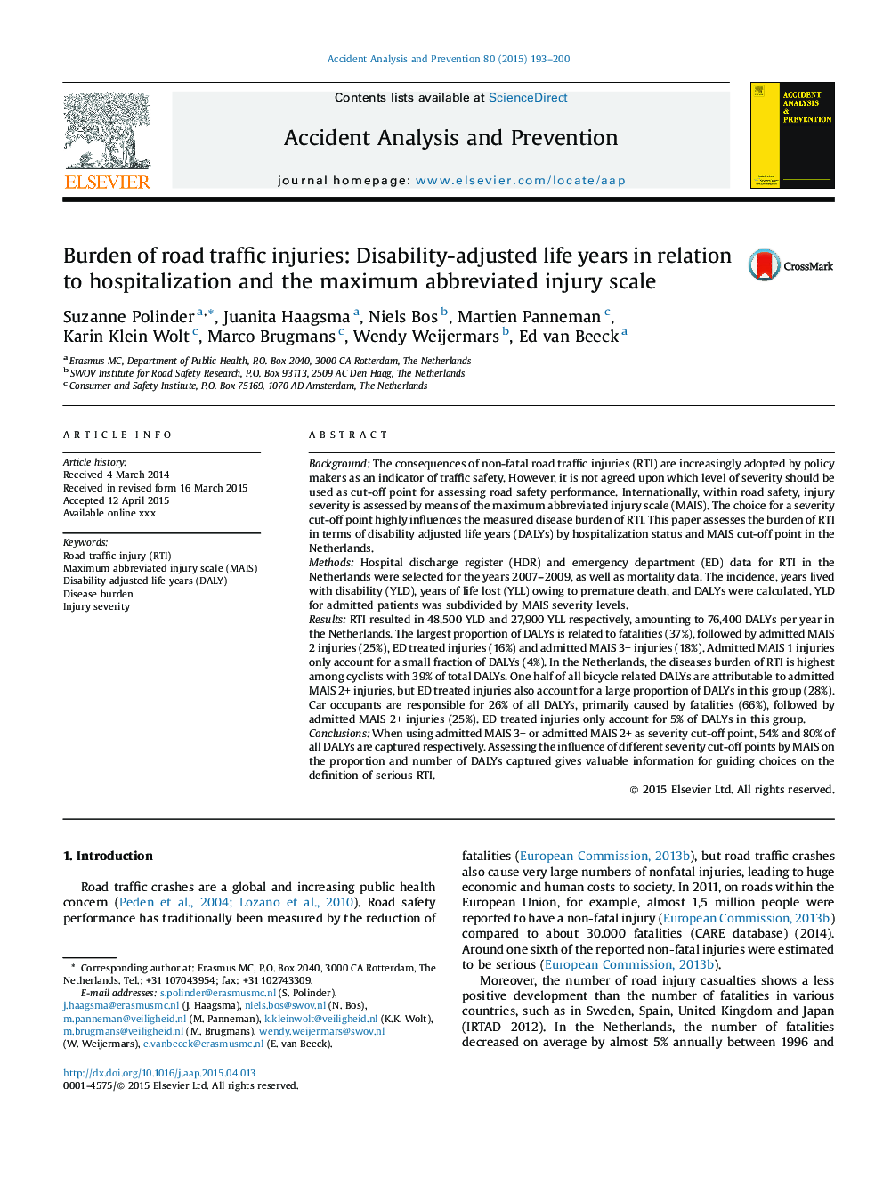 Burden of road traffic injuries: Disability-adjusted life years in relation to hospitalization and the maximum abbreviated injury scale