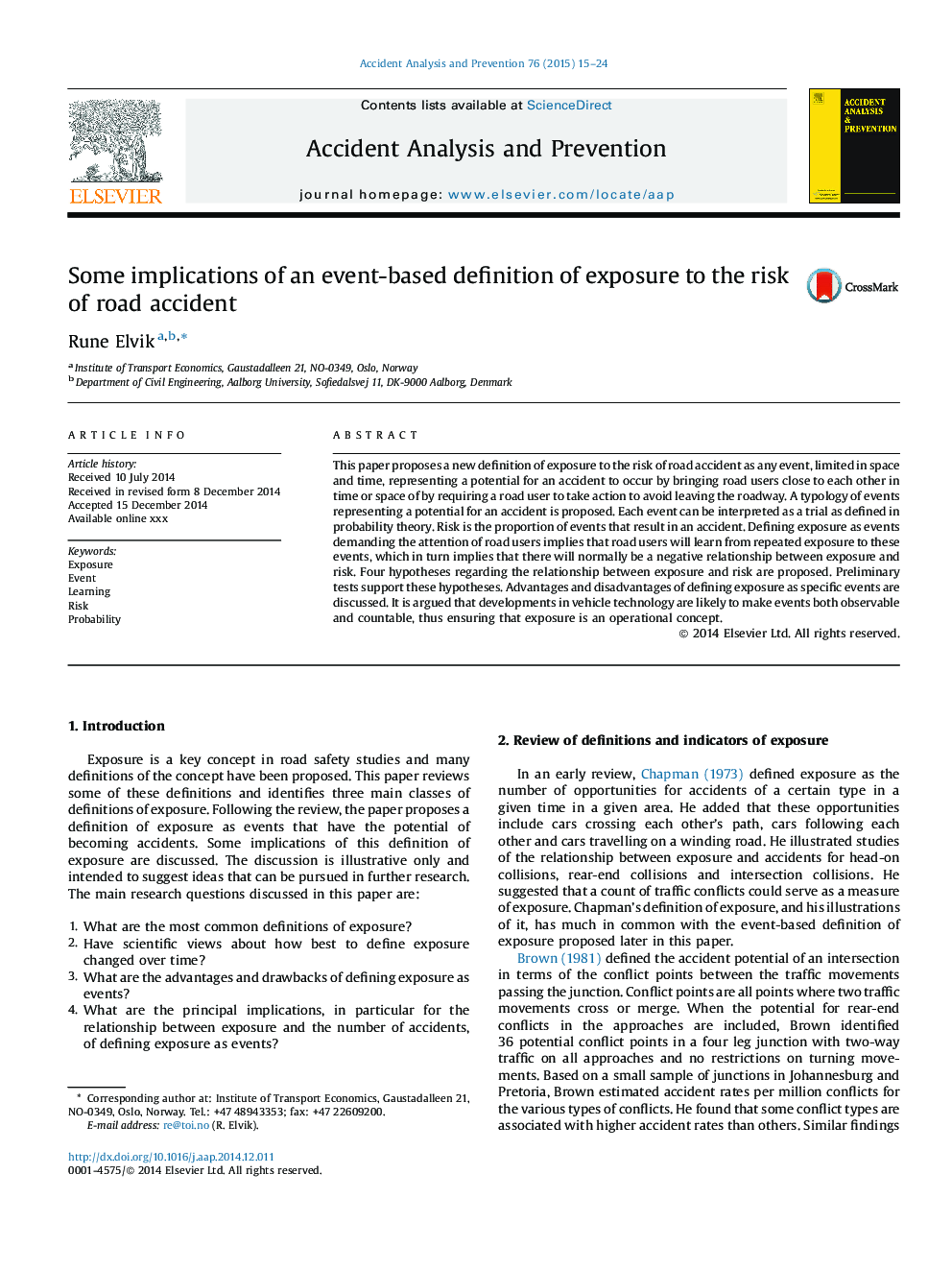 Some implications of an event-based definition of exposure to the risk of road accident