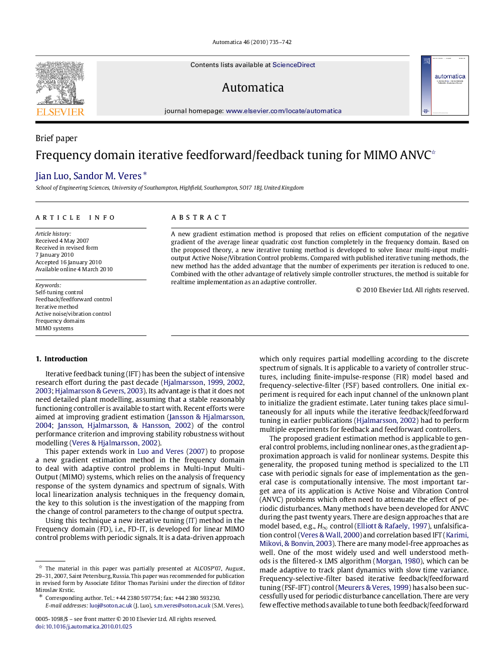 Frequency domain iterative feedforward/feedback tuning for MIMO ANVC 