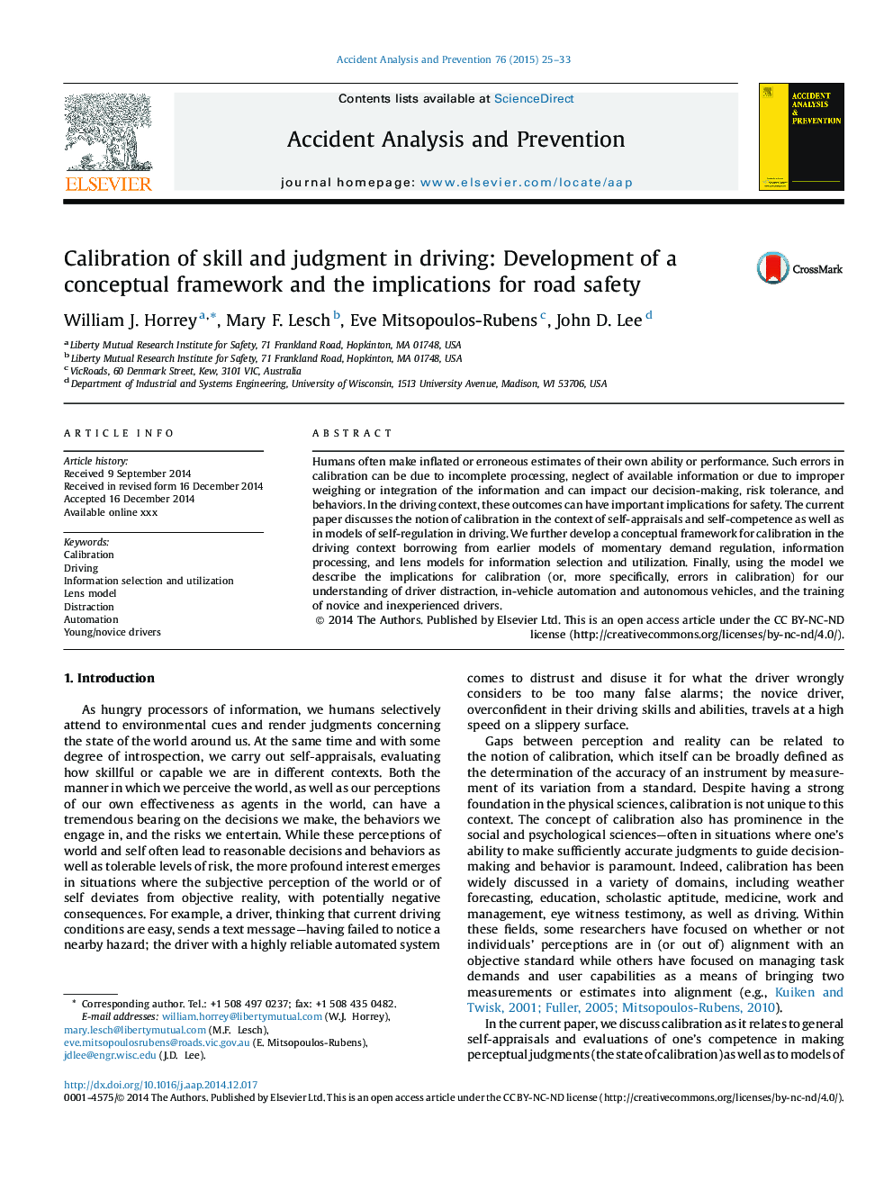Calibration of skill and judgment in driving: Development of a conceptual framework and the implications for road safety
