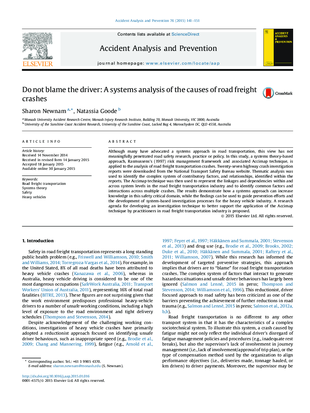 Do not blame the driver: A systems analysis of the causes of road freight crashes