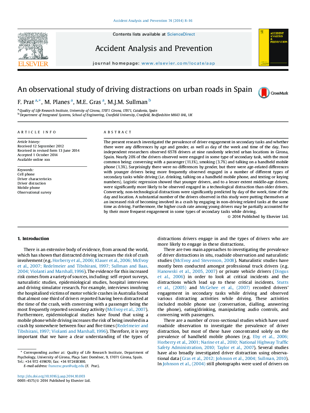 An observational study of driving distractions on urban roads in Spain