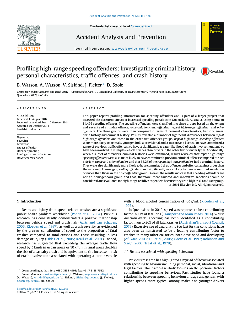 Profiling high-range speeding offenders: Investigating criminal history, personal characteristics, traffic offences, and crash history