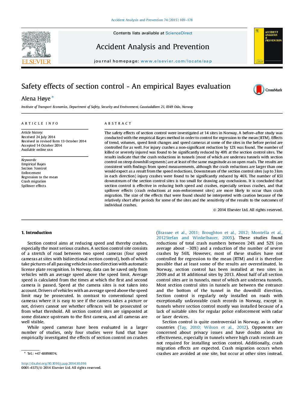 Safety effects of section control - An empirical Bayes evaluation