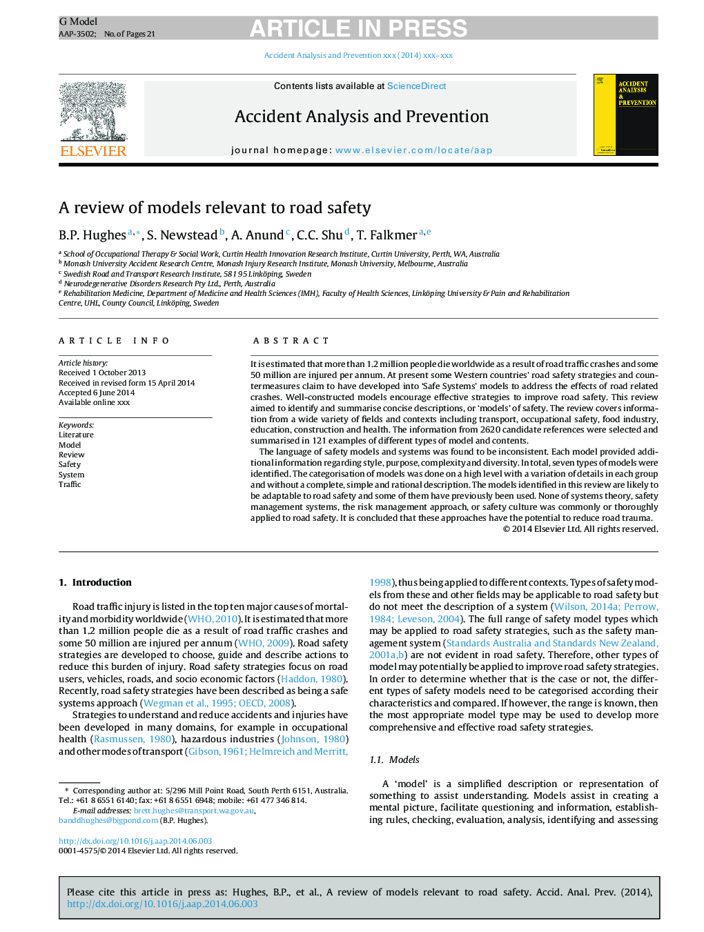 A review of models relevant to road safety