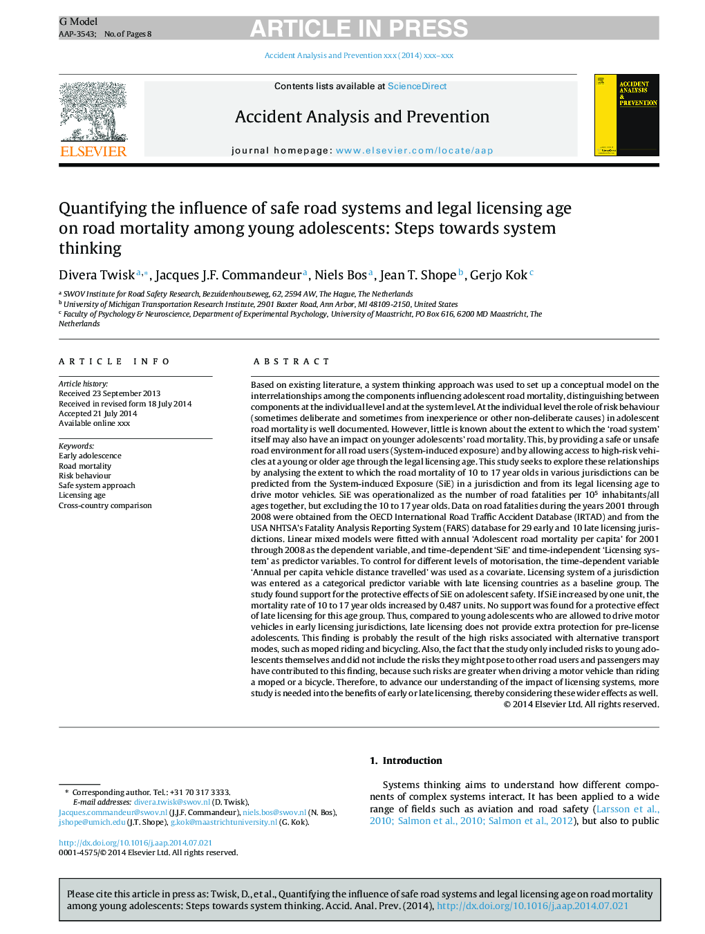 Quantifying the influence of safe road systems and legal licensing age on road mortality among young adolescents: Steps towards system thinking