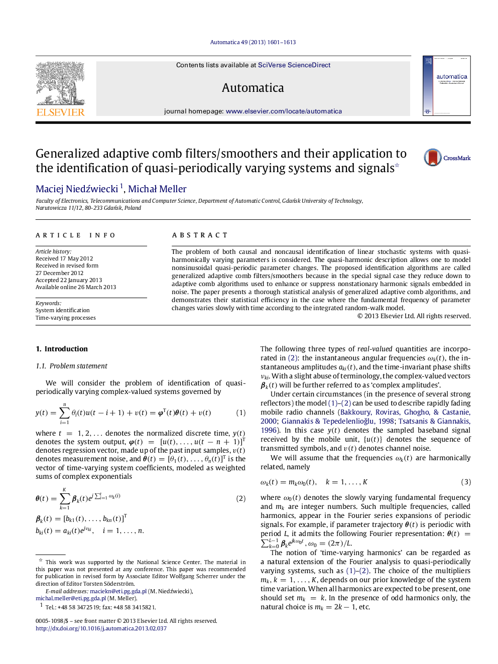 Generalized adaptive comb filters/smoothers and their application to the identification of quasi-periodically varying systems and signals 