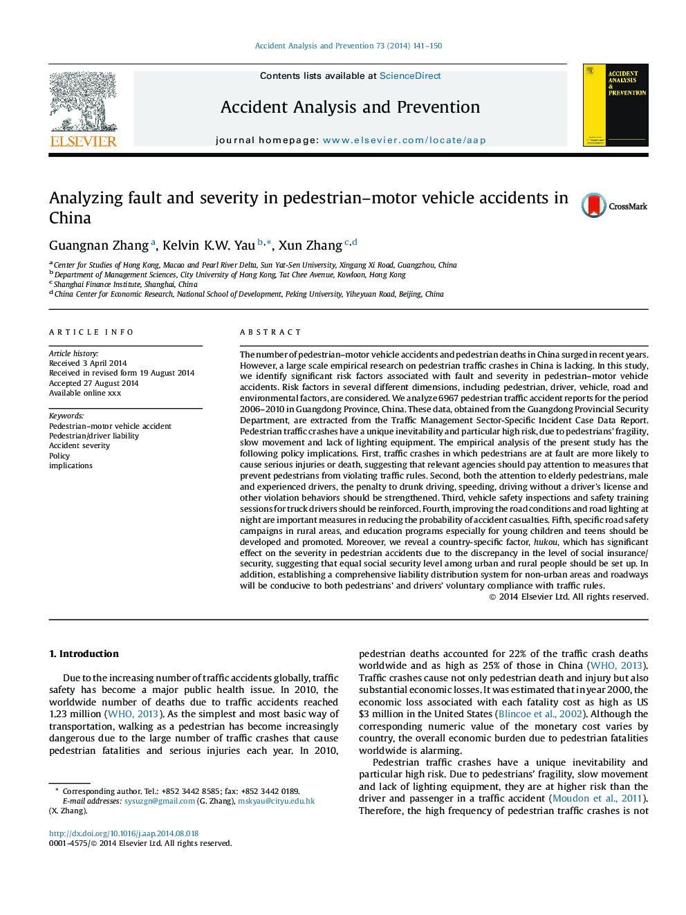 Analyzing fault and severity in pedestrian-motor vehicle accidents in China