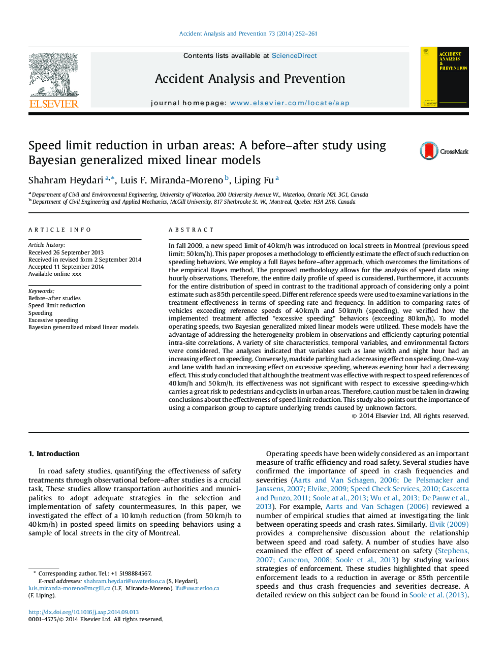 Speed limit reduction in urban areas: A before-after study using Bayesian generalized mixed linear models