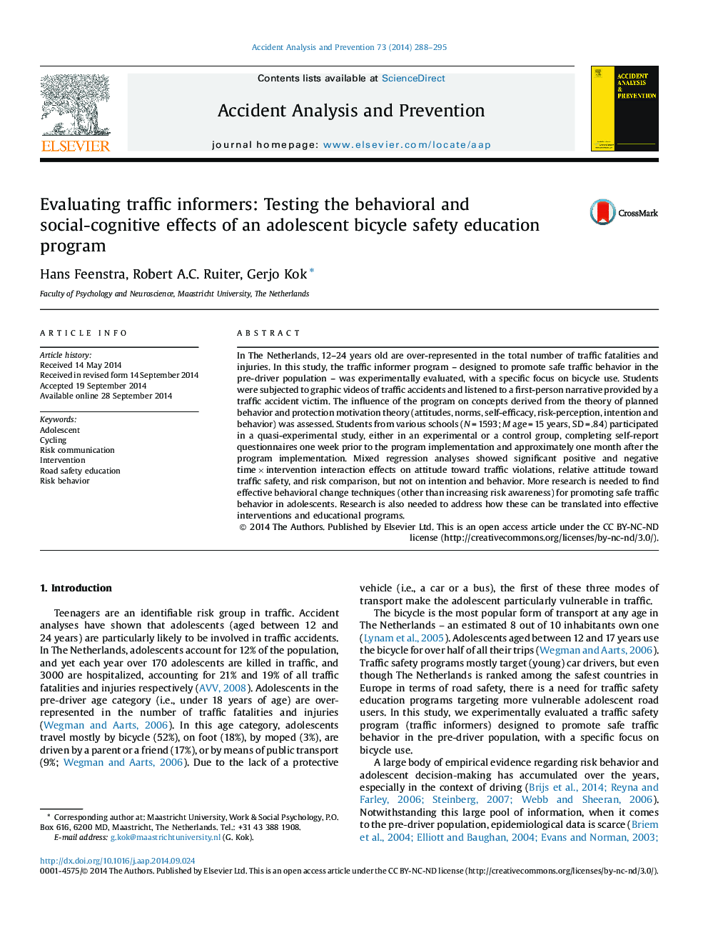 ارزیابی معلمان ترافیکی: تست اثرات رفتاری و اجتماعی شناختی یک برنامه آموزش ایمنی دوچرخه نوجوانان 