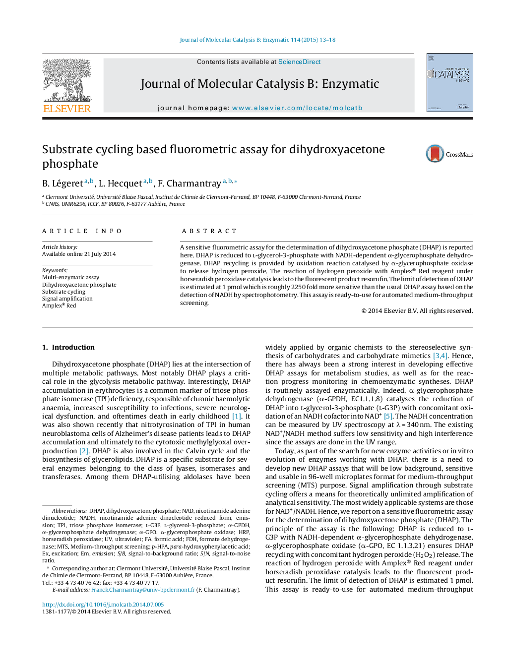 Substrate cycling based fluorometric assay for dihydroxyacetone phosphate