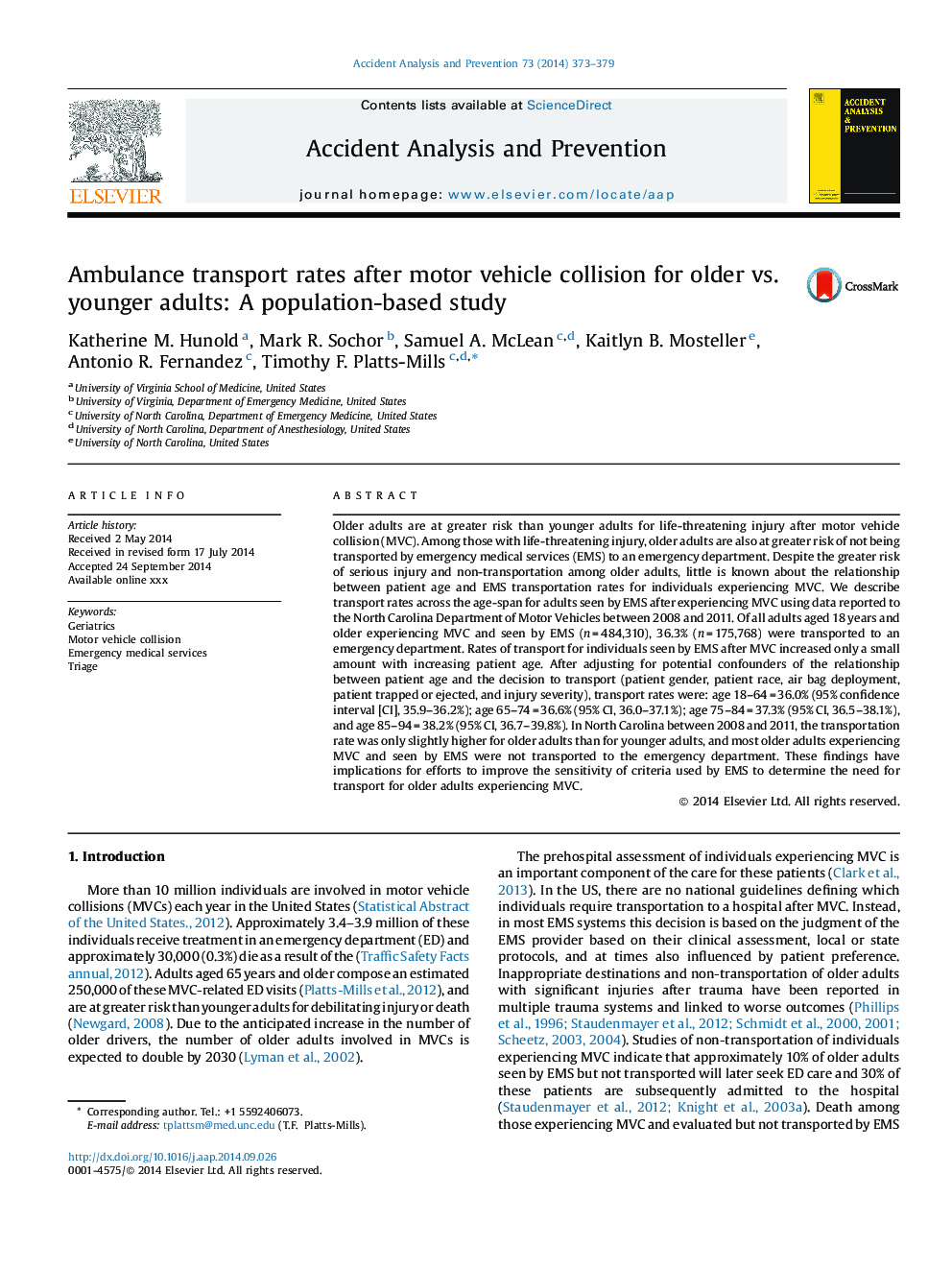 Ambulance transport rates after motor vehicle collision for older vs. younger adults: A population-based study